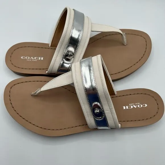 Coach Womens 9B Eileen Leather Turn Lock Slide Sandals Flip Flops Chalk Silver