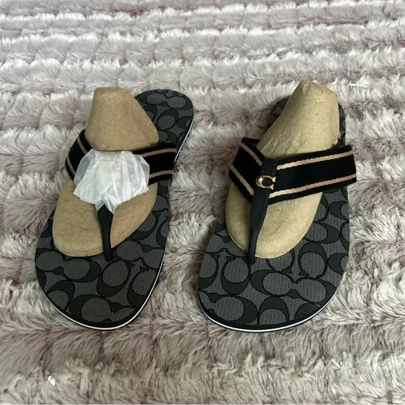 Coach Womens Zoe WebbedBlack Thong Flip-Flops sandals size 10