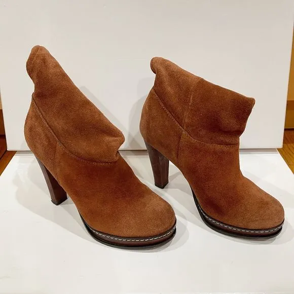 Cole Haan Nola Slouch Short Boots Womens Size 5.5 M Brown Cognac Suede 4” Heel
