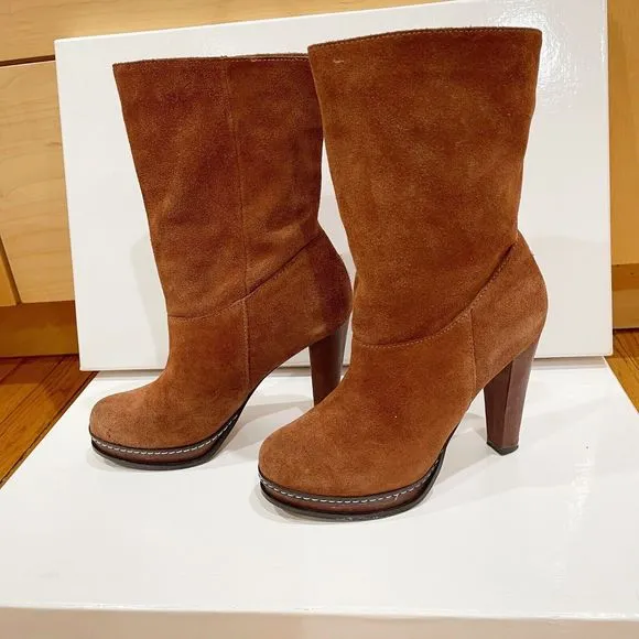 Cole Haan Nola Slouch Short Boots Womens Size 5.5 M Brown Cognac Suede 4” Heel