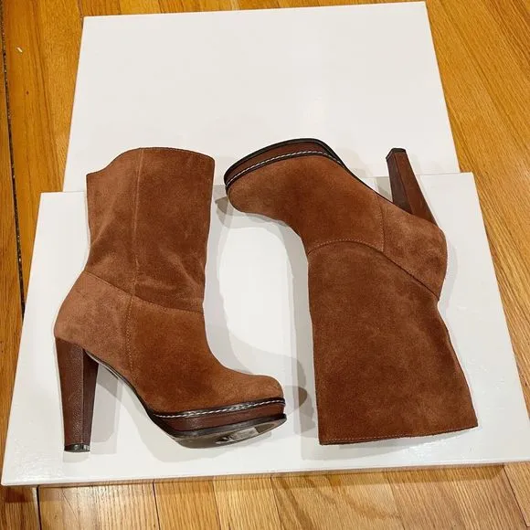 Cole Haan Nola Slouch Short Boots Womens Size 5.5 M Brown Cognac Suede 4” Heel