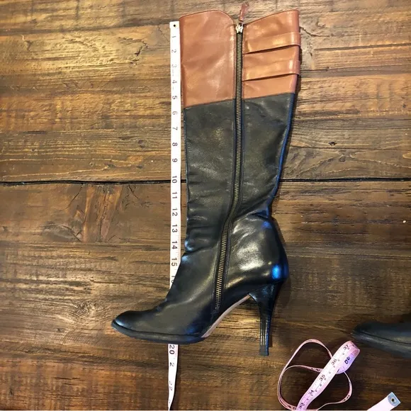 Cole Haan Sz 8.5 Georgina Boots Tall Black Brown 2 Tone Leather Stiletto Buckle