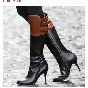 Cole Haan Sz 8.5 Georgina Boots Tall Black Brown 2 Tone Leather Stiletto Buckle