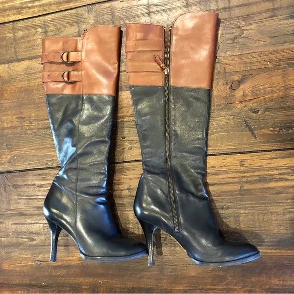 Cole Haan Sz 8.5 Georgina Boots Tall Black Brown 2 Tone Leather Stiletto Buckle