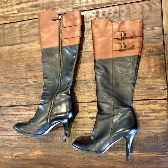 Cole Haan Sz 8.5 Georgina Boots Tall Black Brown 2 Tone Leather Stiletto Buckle