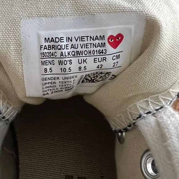 CONVERSE X PLAY COMMES DES GARÇONS CHUCK 70 HIGH TOPS, SIZE 8.5 M/10.5 W.