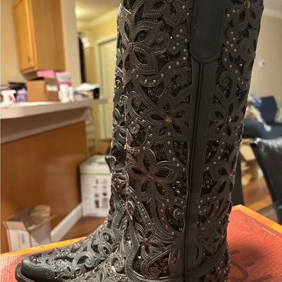 Corral Black Sequin Inlay Crystals &amp; Studs Tall Top Cowboy Boots Sz 5 WORN ONCE