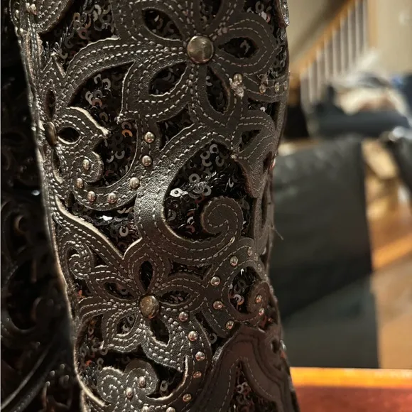 Corral Black Sequin Inlay Crystals &amp; Studs Tall Top Cowboy Boots Sz 5 WORN ONCE