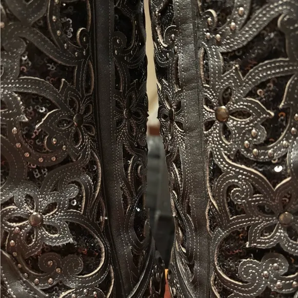 Corral Black Sequin Inlay Crystals &amp; Studs Tall Top Cowboy Boots Sz 5 WORN ONCE