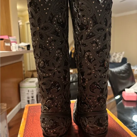 Corral Black Sequin Inlay Crystals &amp; Studs Tall Top Cowboy Boots Sz 5 WORN ONCE