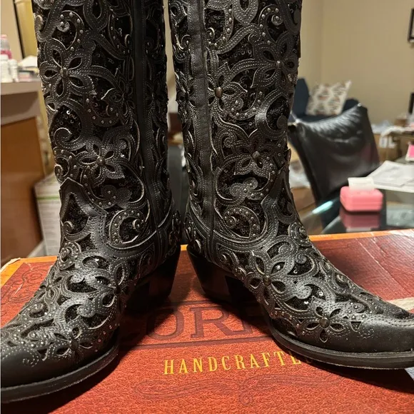 Corral Black Sequin Inlay Crystals &amp; Studs Tall Top Cowboy Boots Sz 5 WORN ONCE