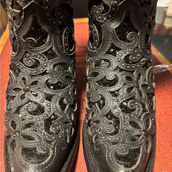 Corral Black Sequin Inlay Crystals &amp; Studs Tall Top Cowboy Boots Sz 5 WORN ONCE