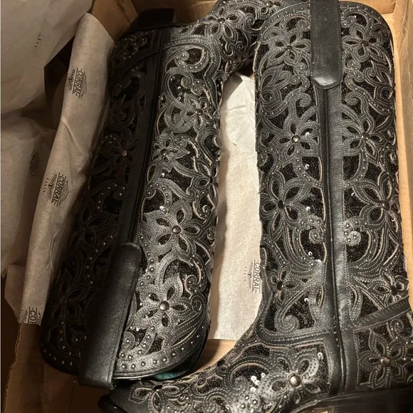 Corral Black Sequin Inlay Crystals &amp; Studs Tall Top Cowboy Boots Sz 5 WORN ONCE
