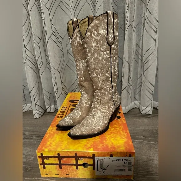 Corral G1128 Bone Lace Floral Embroidery Wedding Tall Size 7 Women’s Cowboy Boot