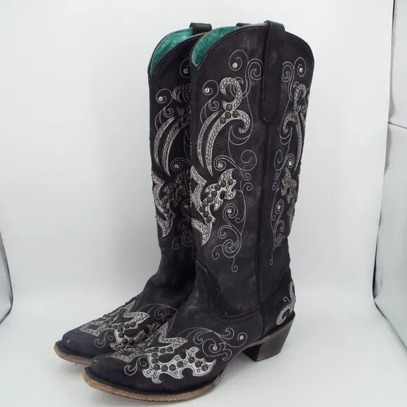 Corral Mexico A3637 Black Leather Studs Crystals Tall Western Cowboy Boots