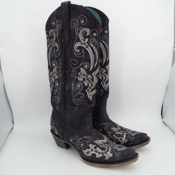 Corral Mexico A3637 Black Leather Studs Crystals Tall Western Cowboy Boots
