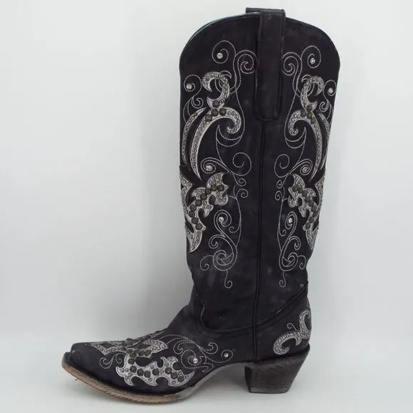Corral Mexico A3637 Black Leather Studs Crystals Tall Western Cowboy Boots