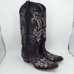 Corral Mexico A3637 Black Leather Studs Crystals Tall Western Cowboy Boots