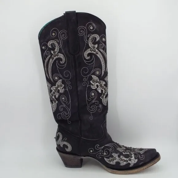 Corral Mexico A3637 Black Leather Studs Crystals Tall Western Cowboy Boots