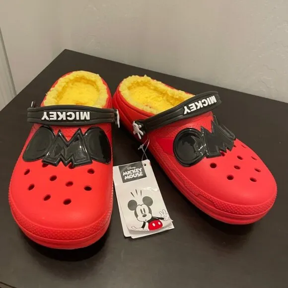 CROCS CLOG DISNEY MICKEY MOUSE SZ 5J RED YELLOW FUZZY LINED KAWAII ICONIC MICKEY