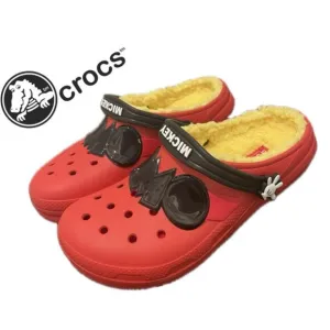 CROCS CLOG DISNEY MICKEY MOUSE SZ 5J RED YELLOW FUZZY LINED KAWAII ICONIC MICKEY