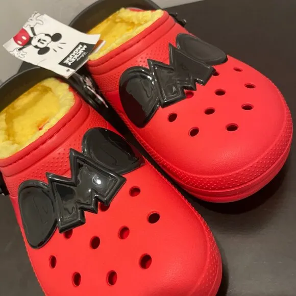CROCS CLOG DISNEY MICKEY MOUSE SZ 5J RED YELLOW FUZZY LINED KAWAII ICONIC MICKEY