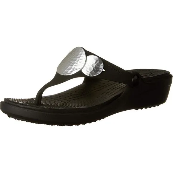Crocs Sanrah Black Embellished Wedge Slip On Flip Flops Sandals Womans Size 10