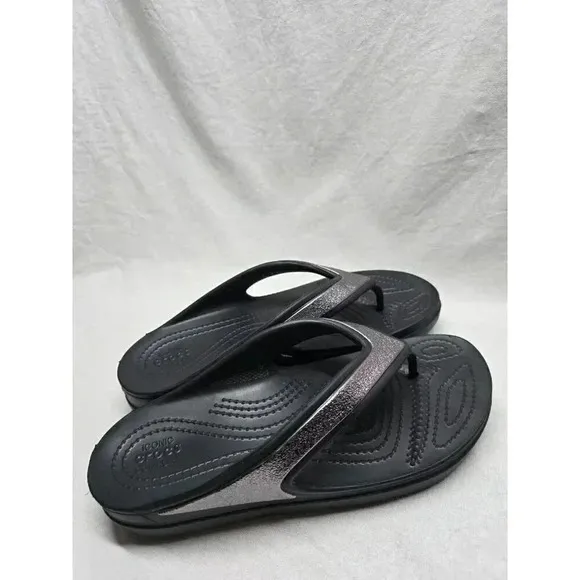 Crocs Shoes Womens Size 9 Sloane Black Silver Comfort Flip Flops Thong Sandals