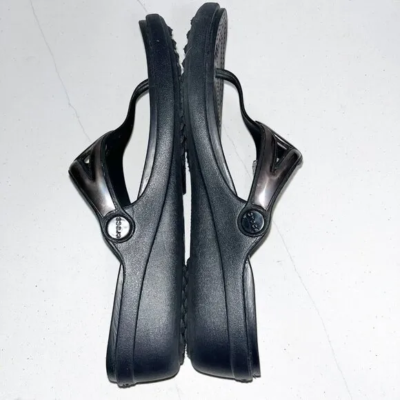 Crocs Women's Sanrah Sandal Size 9 Thong Slide Black Low Wedge Ring Detail