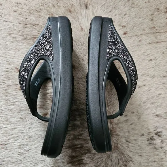 Crocs Sloane Women's Glitter Wedge Flip Flops Sandals Black Size 9 NEW