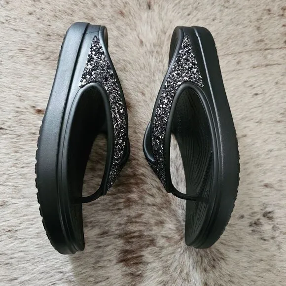 Crocs Sloane Women's Glitter Wedge Flip Flops Sandals Black Size 9 NEW