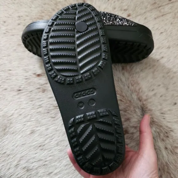 Crocs Sloane Women's Glitter Wedge Flip Flops Sandals Black Size 9 NEW