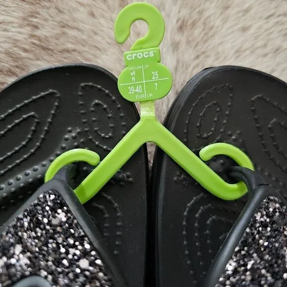 Crocs Sloane Women's Glitter Wedge Flip Flops Sandals Black Size 9 NEW