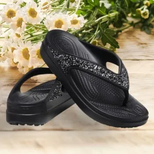 Crocs Sloane Women's Glitter Wedge Flip Flops Sandals Black Size 9 NEW