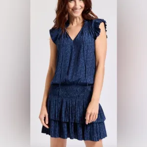 Current Air Jacquard Navy Short Sleeve Drop Waist Dress Sz Medium