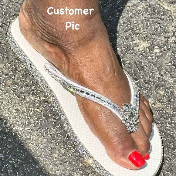 Custom Hand-Crafted Rhinestone Flip Flops “ No Barefeet Allowed At The Party&quot;