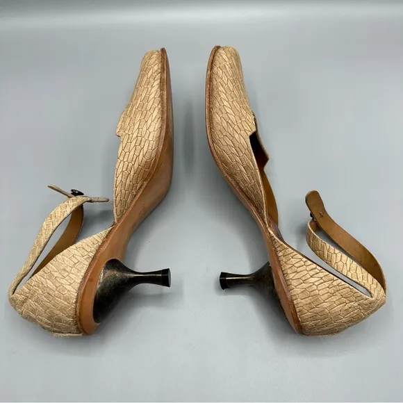 Cydwoq unique leather kitten heel ankle strap brown Beige shoes heels