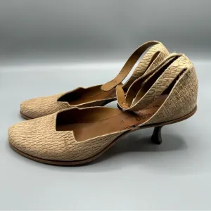 Cydwoq unique leather kitten heel ankle strap brown Beige shoes heels