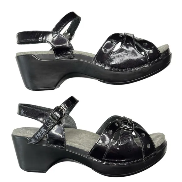 Dansko Sissy Sandals Ankle Straps Comfort Shoe Sz 37 6.5  7 Black Patent Leather