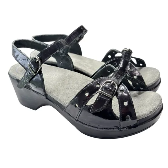 Dansko Sissy Sandals Ankle Straps Comfort Shoe Sz 37 6.5  7 Black Patent Leather
