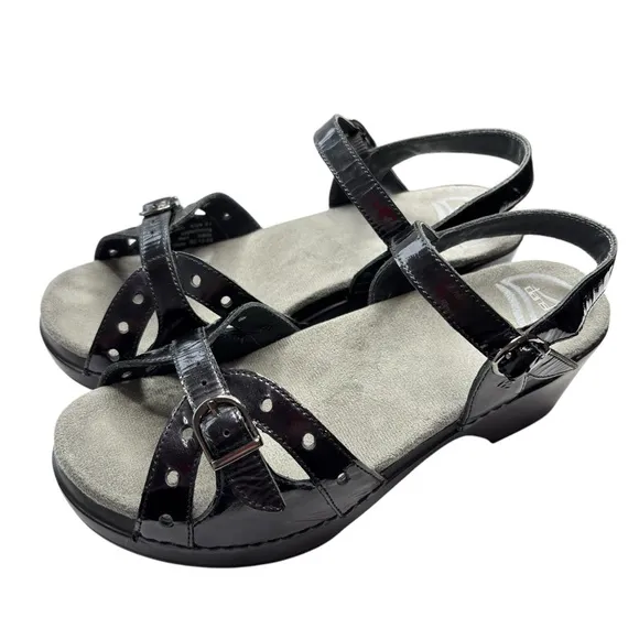 Dansko Sissy Sandals Ankle Straps Comfort Shoe Sz 37 6.5  7 Black Patent Leather