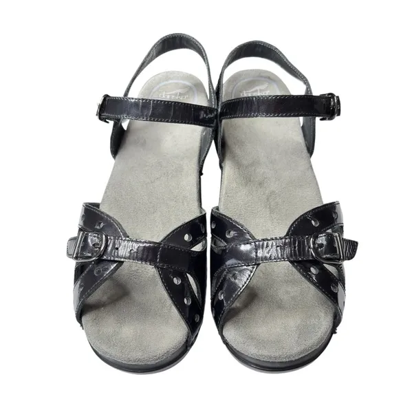Dansko Sissy Sandals Ankle Straps Comfort Shoe Sz 37 6.5  7 Black Patent Leather