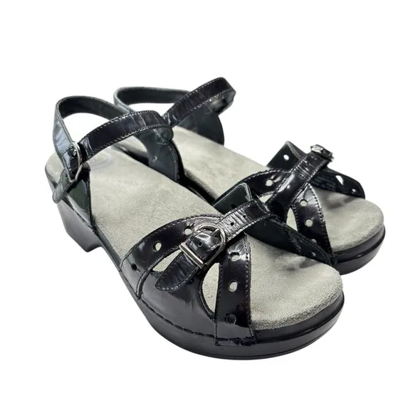 Dansko Sissy Sandals Ankle Straps Comfort Shoe Sz 37 6.5  7 Black Patent Leather