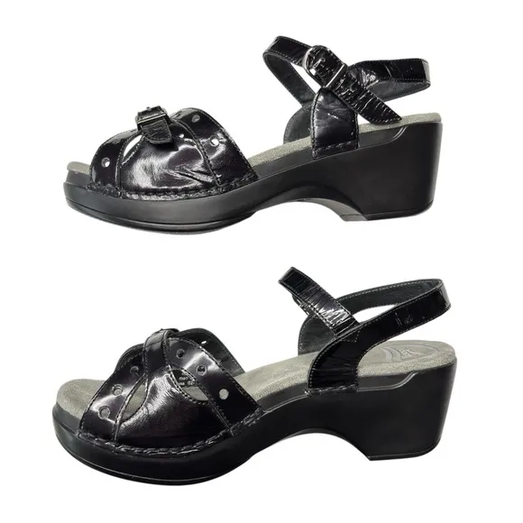 Dansko Sissy Sandals Ankle Straps Comfort Shoe Sz 37 6.5  7 Black Patent Leather