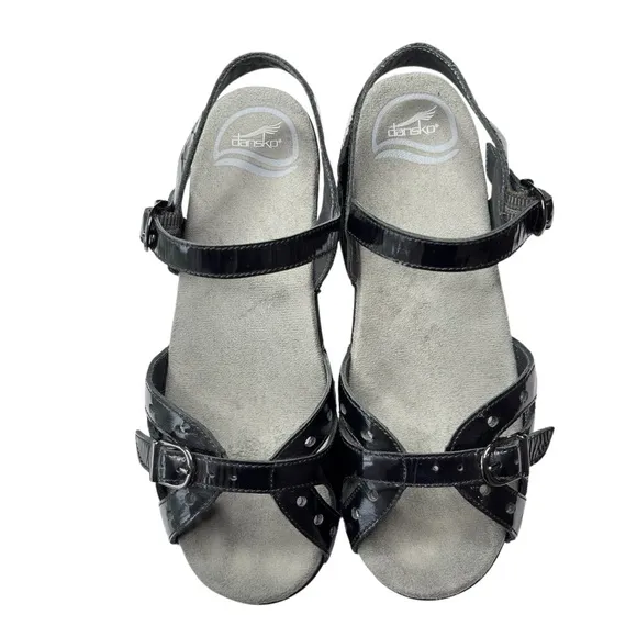 Dansko Sissy Sandals Ankle Straps Comfort Shoe Sz 37 6.5  7 Black Patent Leather