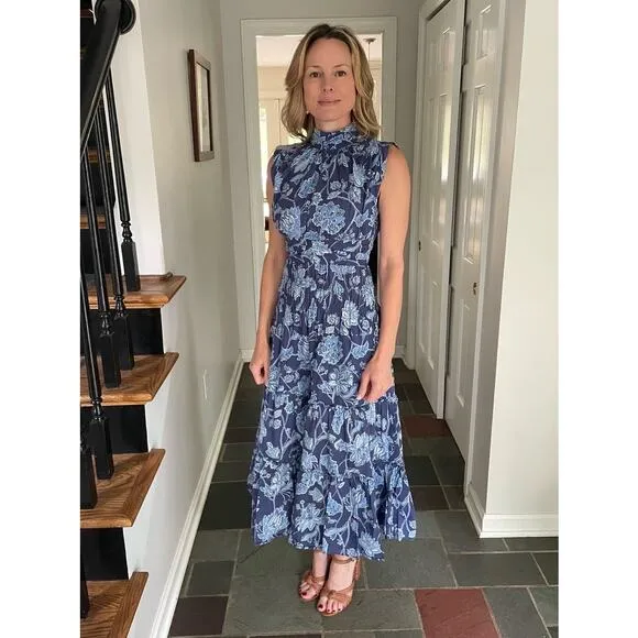 DEREK LAM 10 CROSBY Blue Floral Printed High Neckline Flowy Maxi Dress Size 46