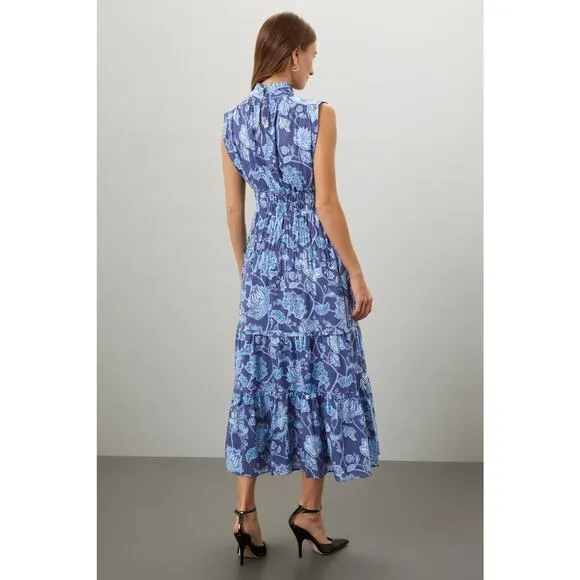 DEREK LAM 10 CROSBY Blue Floral Printed High Neckline Flowy Maxi Dress Size 46