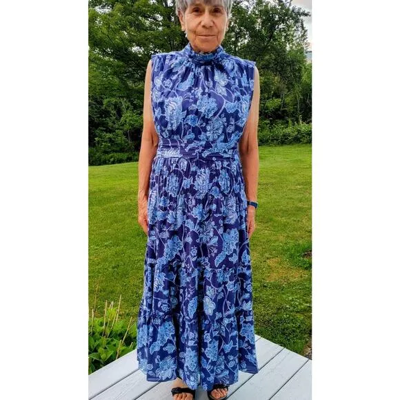 DEREK LAM 10 CROSBY Blue Floral Printed High Neckline Flowy Maxi Dress Size 46