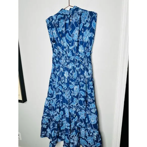 DEREK LAM 10 CROSBY Blue Floral Printed High Neckline Flowy Maxi Dress Size 46
