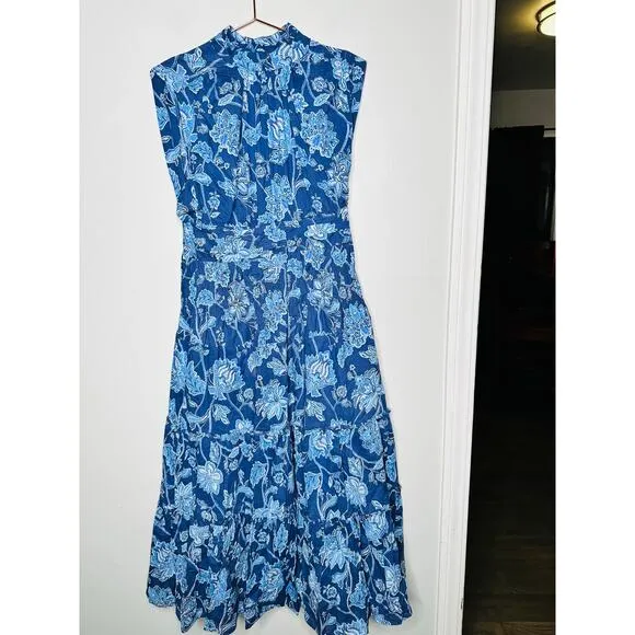 DEREK LAM 10 CROSBY Blue Floral Printed High Neckline Flowy Maxi Dress Size 46